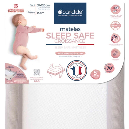 Candide Matelas Bébé Déhoussable SLEEP SAFE CROISSANCE -Magasin De Literie sleep safe fond blanc 4 1